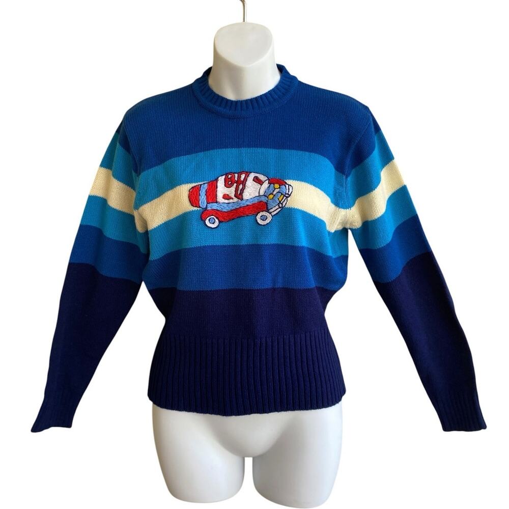 VTG 70s Race Car Knit Sweater Mock Neck Zip Back Color Block Retro Mod Kitsch M
